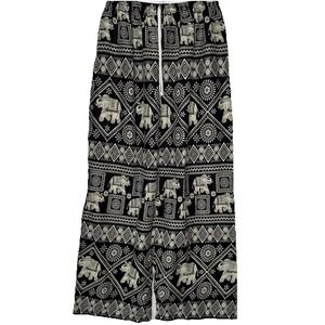 Thailanna Boho Elephant Print Wide Leg Palazzo Pants *L/XL Black White Festival
